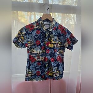 Disney Navy Hawaiian Button-Down Shirt with Red and Yellow Floral Print